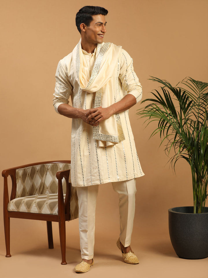 Vastramay Men's Cream Mirror Kurta Pant And Dupatta Set