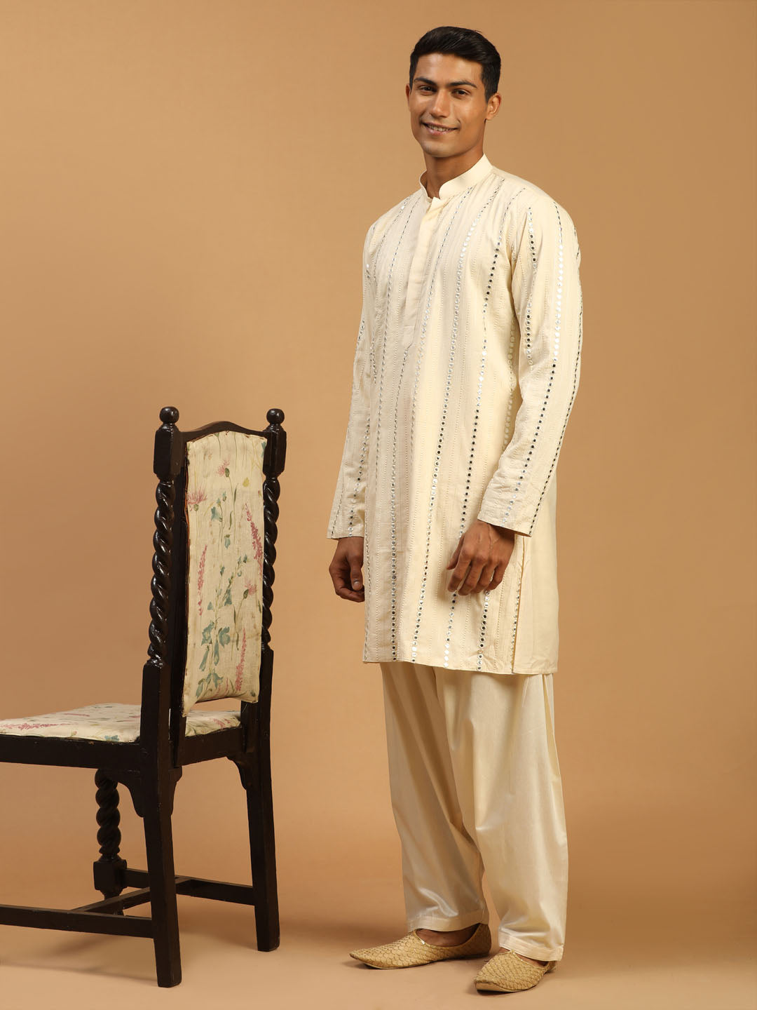 Men's Cream Mirror Kurta With Patiala Set