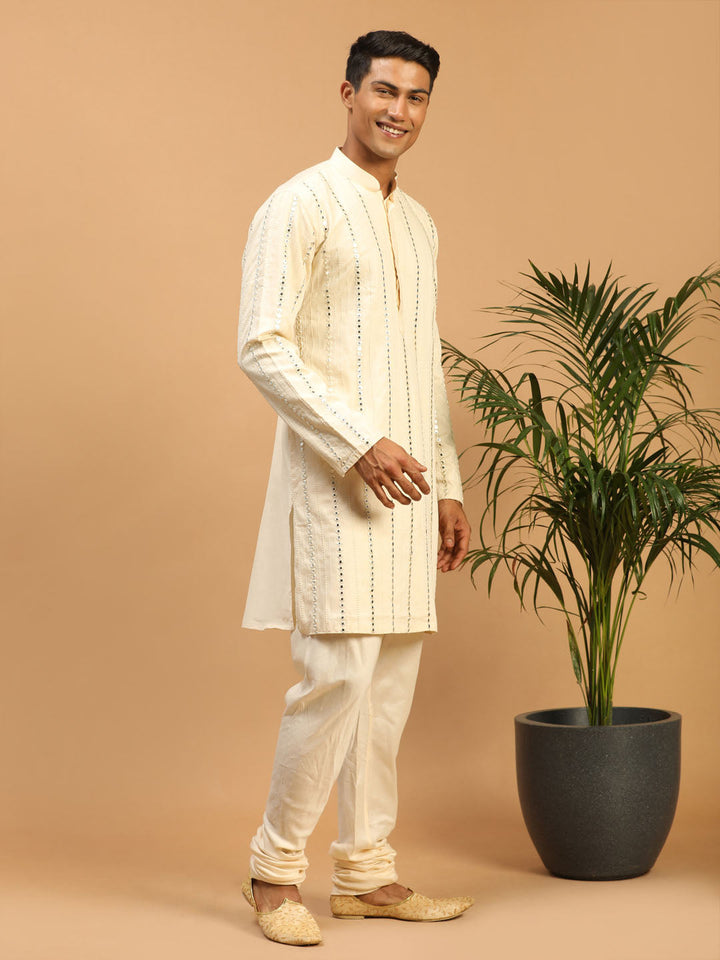 Vastramay Men's Cream Vertical Mirror Kurta Pyjama Set