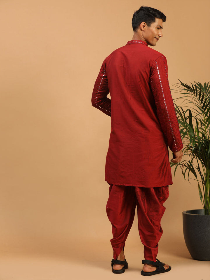 Vastramay Men's Maroon Mirror Kurta With Dhoti And Dupatta Set