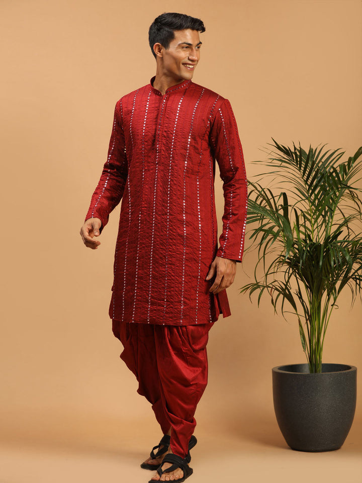 Vastramay Men's Maroon Mirror Kurta Dhoti And Dupatta Set