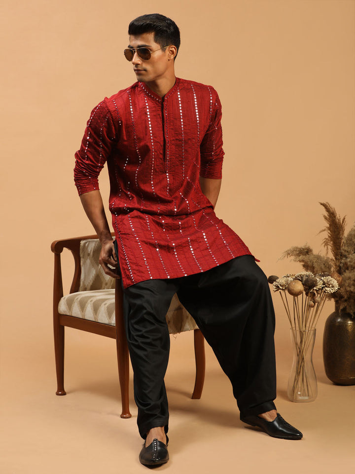 Vastramay Men's Maroon Mirror Kurta With Patiala Set