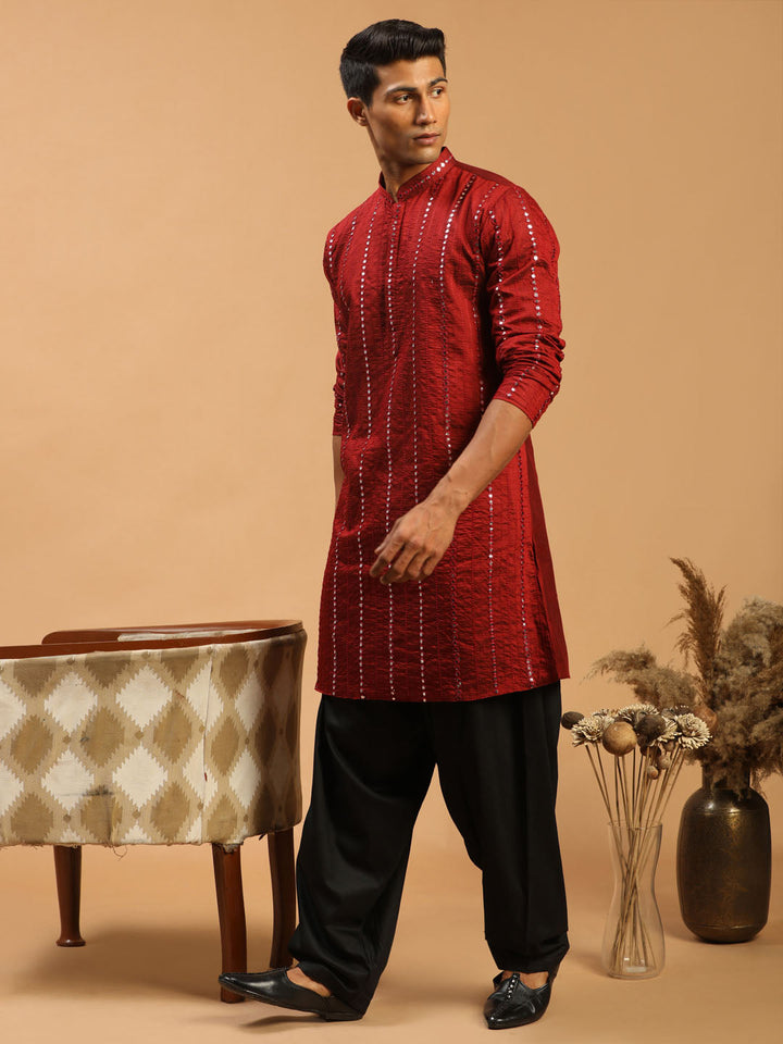 Vastramay Men's Maroon Mirror Kurta With Patiala Set