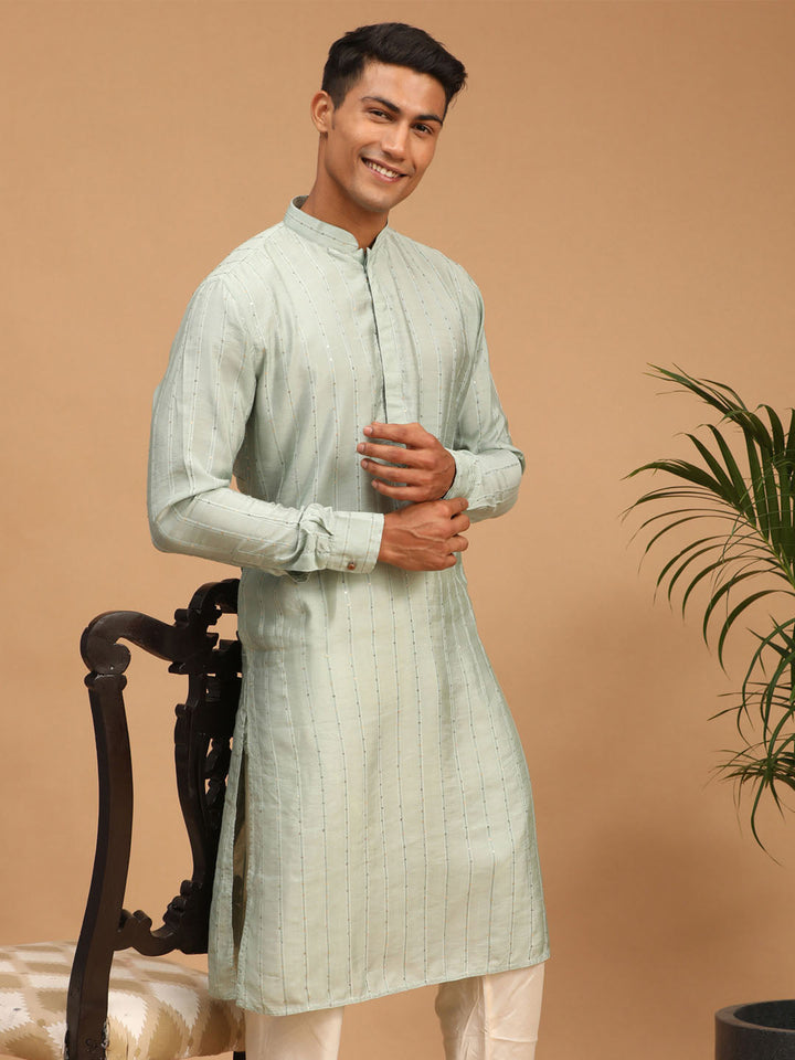 SHRESTHA By VASTRAMAY Men's Light Green Sequined Kurta