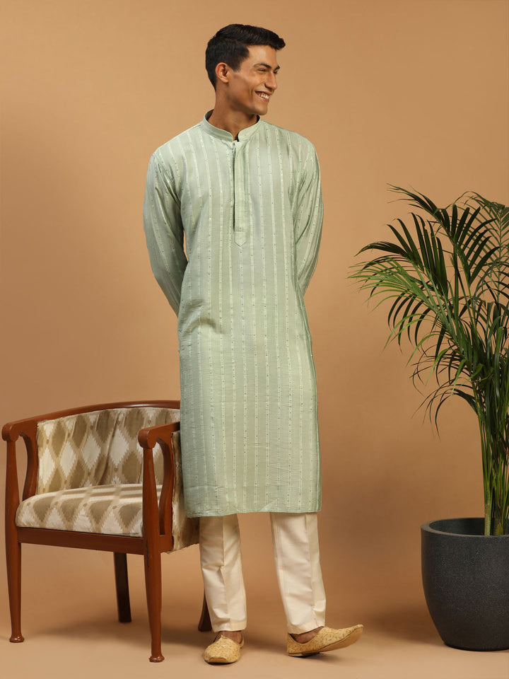 Vastramay Men's Green Sequined Kurta Pant Set