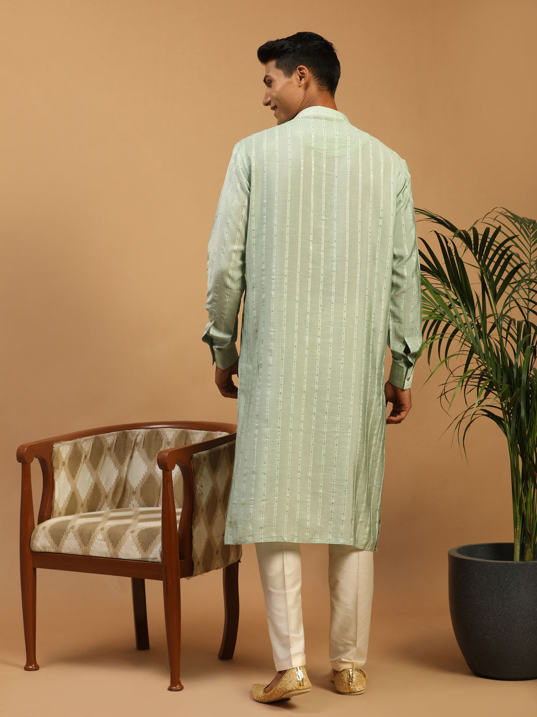 Vastramay Men's Green Sequined Kurta Pant Set