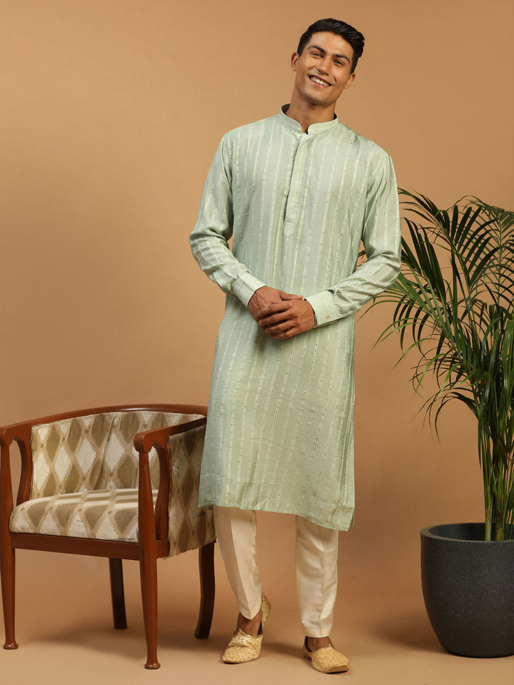 Vastramay Men's Green Sequined Kurta Pant Set