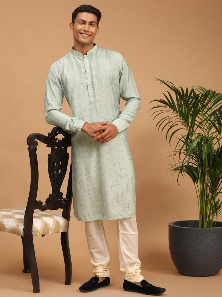 Vastramay Men's Light Green Sequined Kurta Pyjama Set