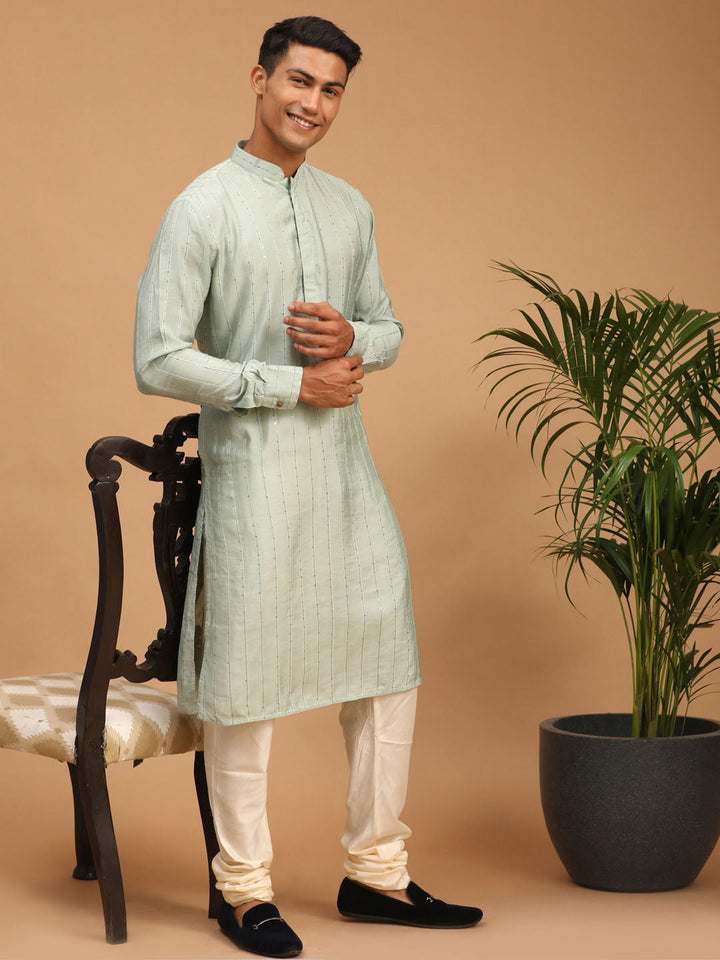 Vastramay Men's Light Green Sequined Kurta Pyjama Set