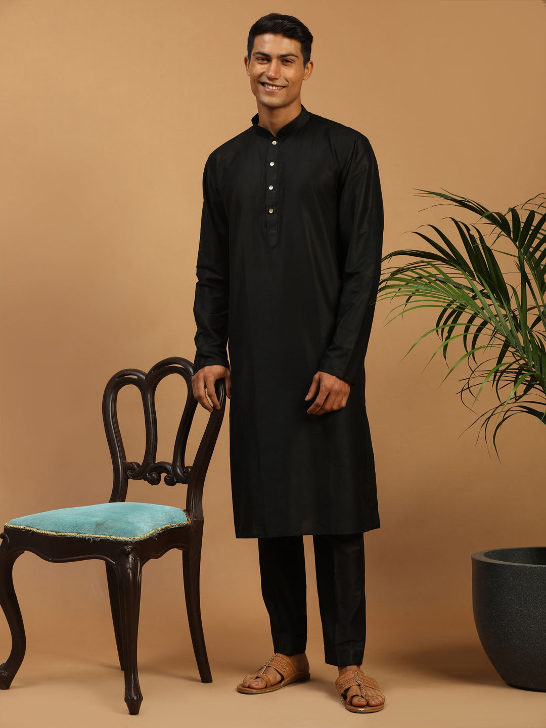 Vastramay Men's Black Viscose Kurta With Pant Set