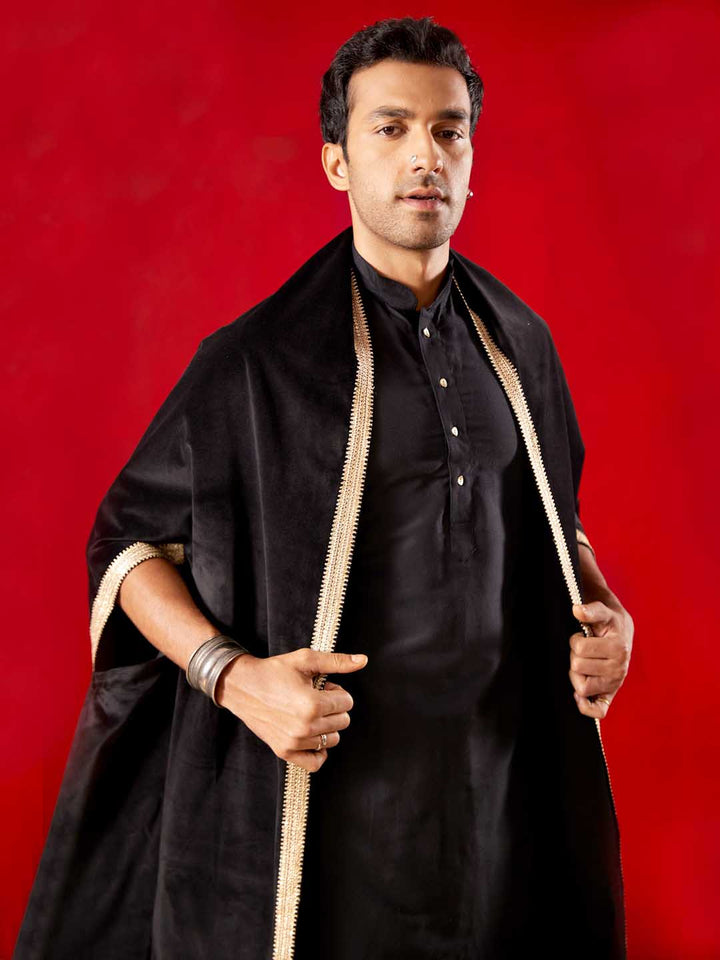 Vastramay Men's Black Kurta Pant Set With Velvet Slit Sleeves Dupatta