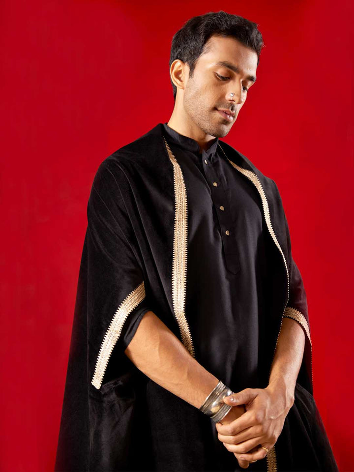 Vastramay Men's Black Kurta Pant Set With Velvet Slit Sleeves Dupatta