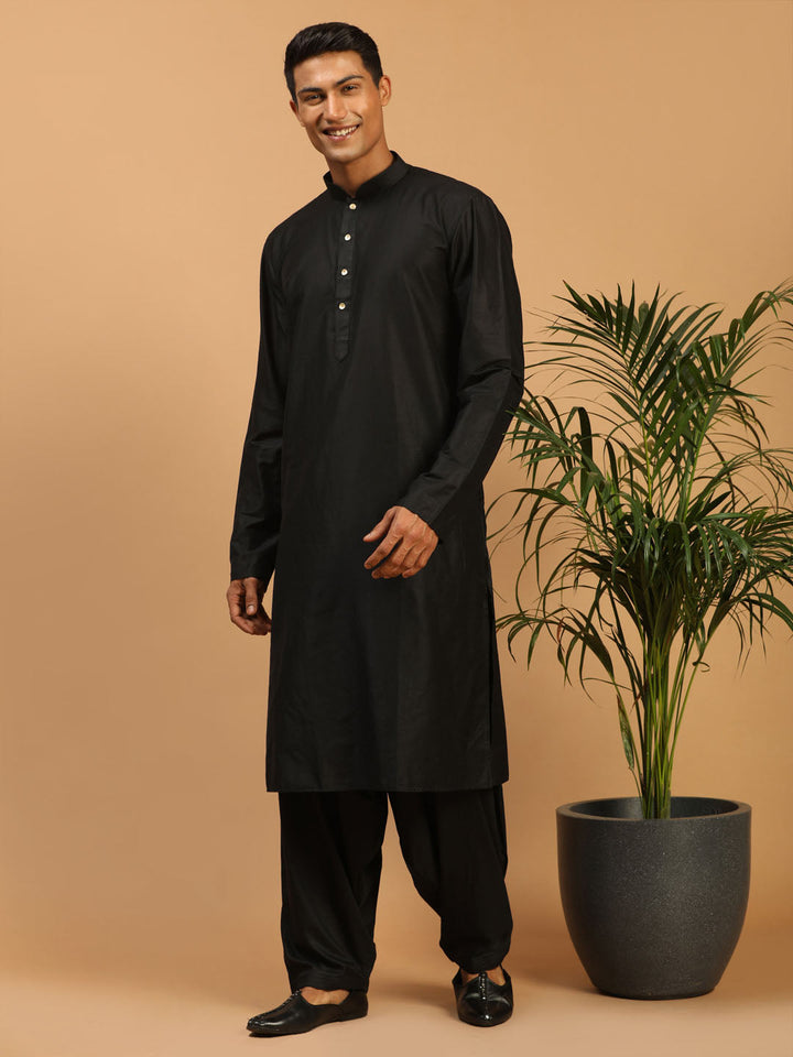 Vastramay Men's Black Viscose Kurta With Patiala Set