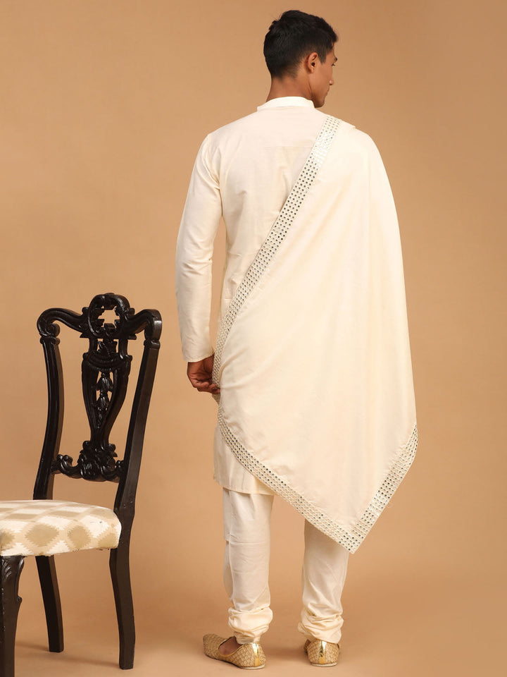 Vastramay Men's Cream Viscose Kurta Pyjama And Dupatta Set