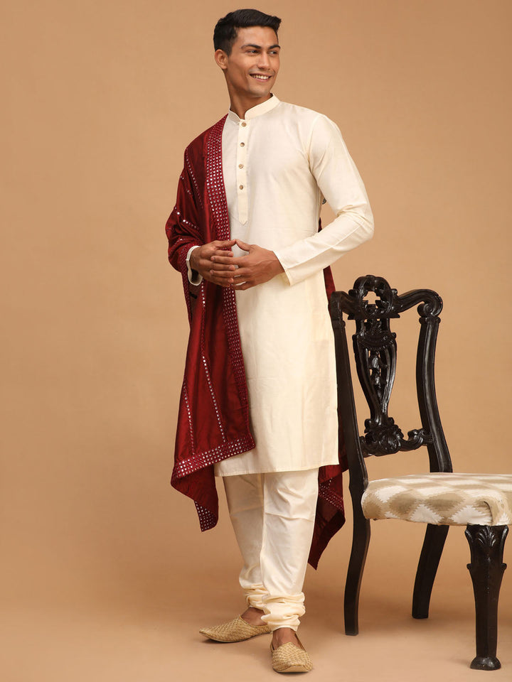 Vastramay Men's Cream Viscose Kurta Pyjama And Dupatta Set