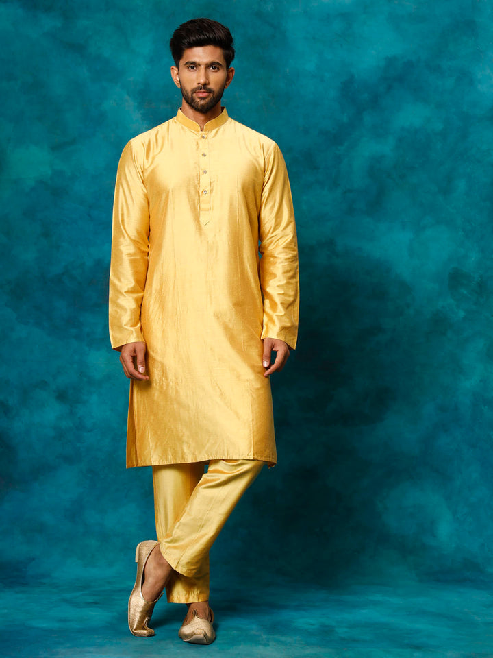 Vastramay Men's Mustard Viscose Kurta Pant Set