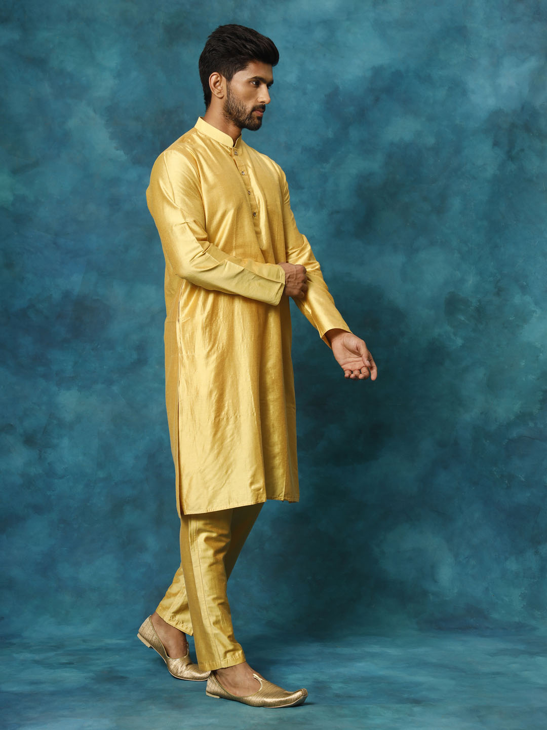 Vastramay Men's Mustard Viscose Kurta Pant Set