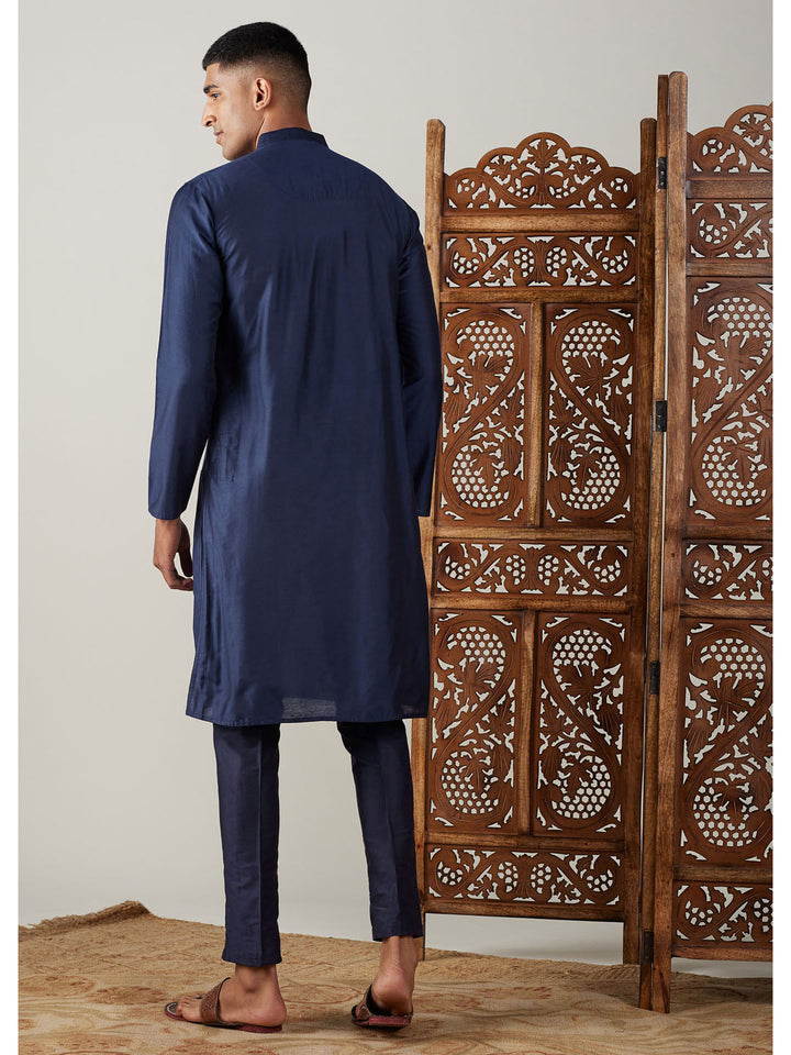 Vastramay Men's Navy Blue Viscose Kurta With Pant Set