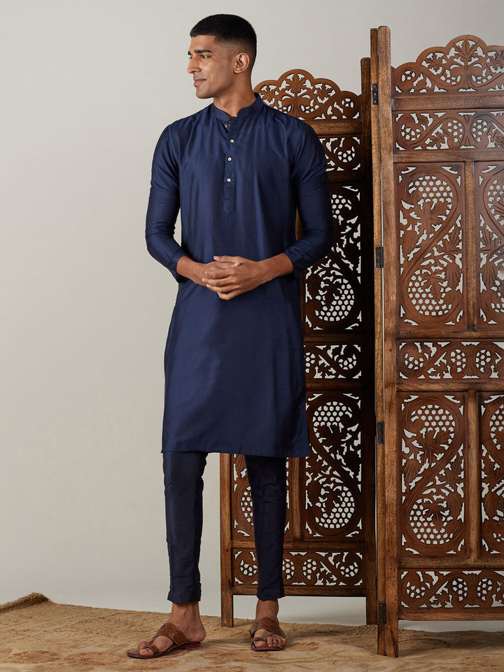 Vastramay Men's Navy Blue Viscose Kurta With Pant Set