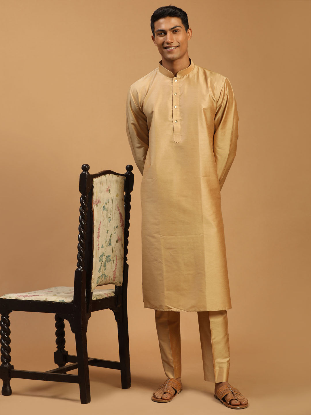 Vastramay Men's Rose Gold Viscose Kurta With Pant set