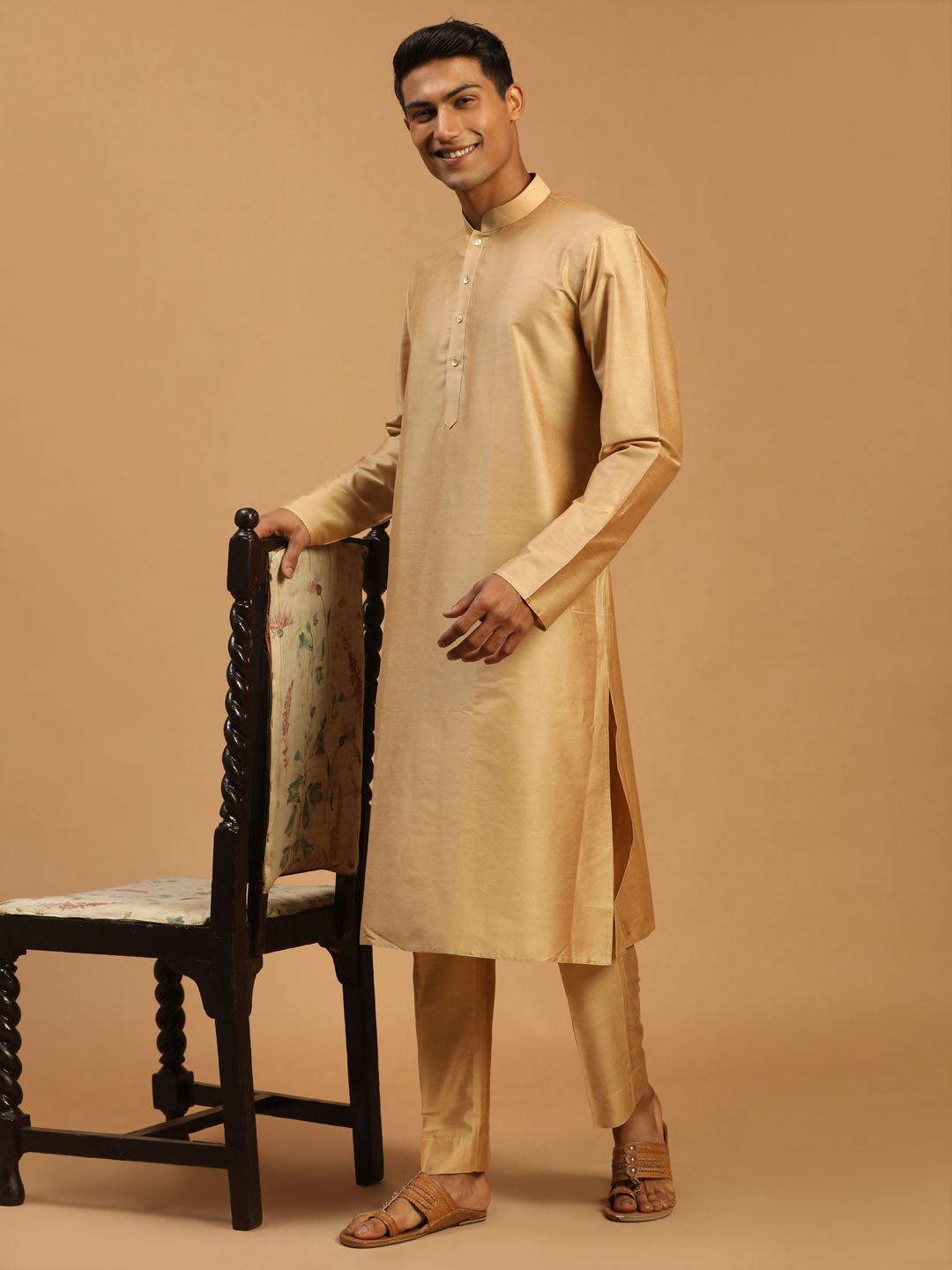 Vastramay Men's Rose Gold Viscose Kurta With Pant set