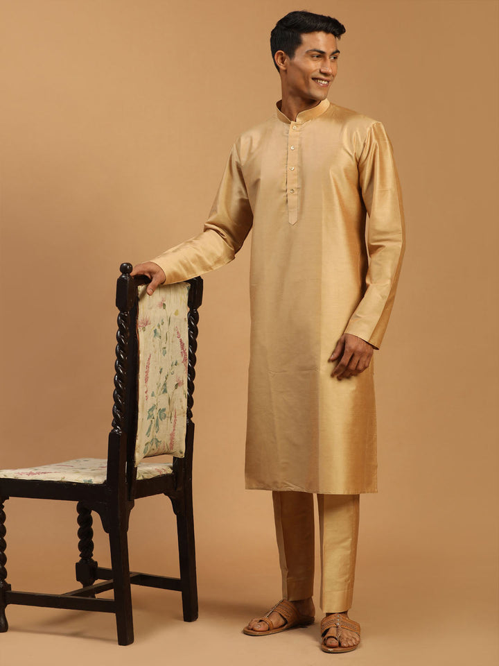 Vastramay Men's Rose Gold Viscose Kurta With Pant set