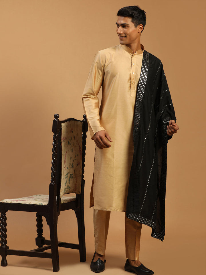 Vastramay Men's Rose Gold Viscose Kurta Pyjama And Dupatta Set