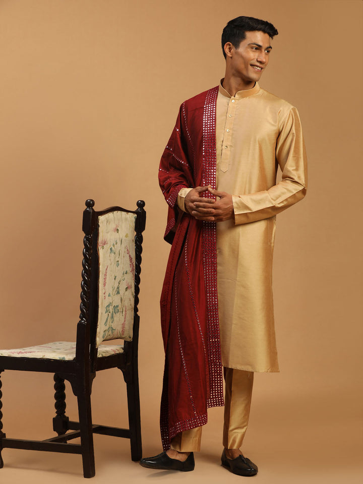 Vastramay Men's Rose Gold Viscose Kurta Pant And Dupatta Set