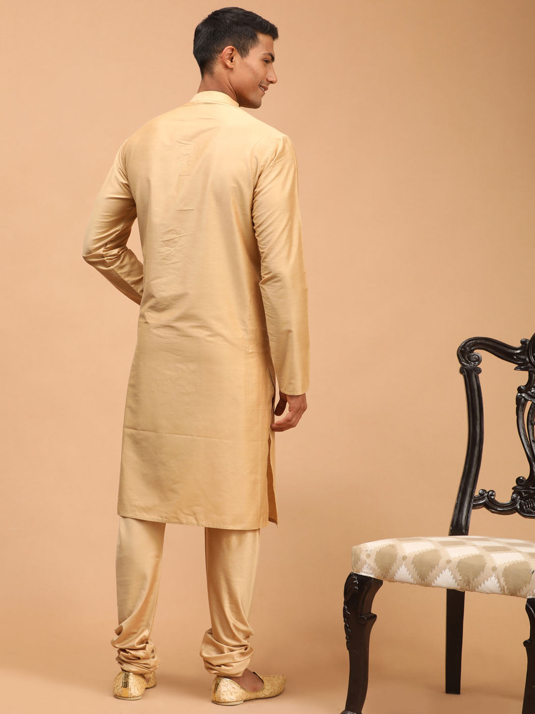 Vastramay Men's Rose Gold Viscose Kurta Pyjama Set