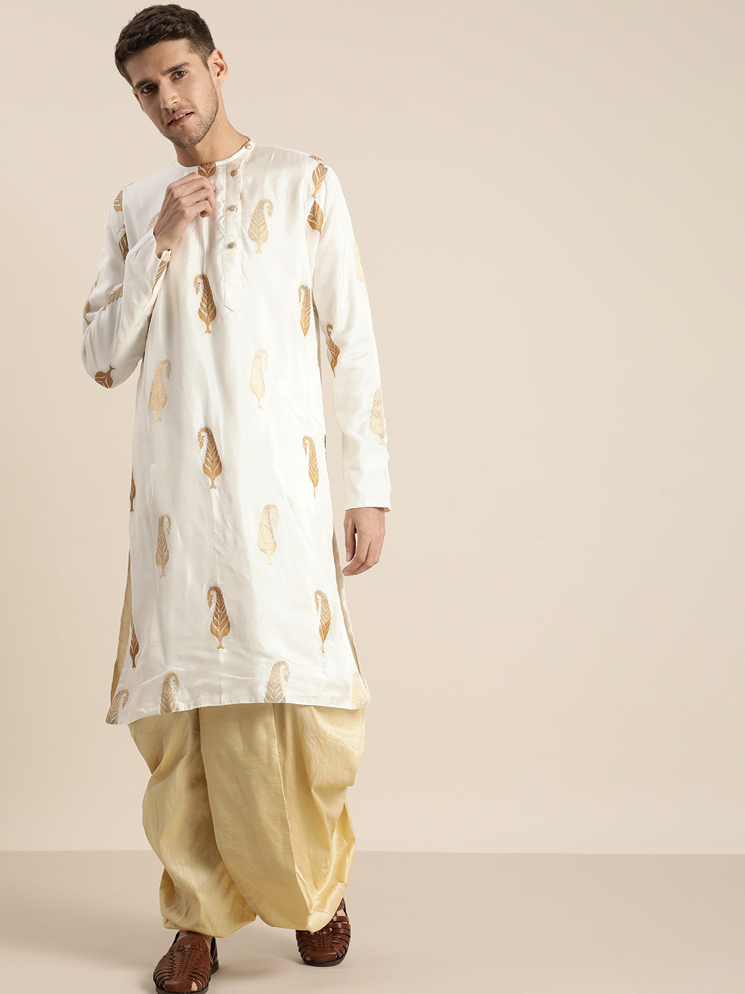 Vastramay Men's White Golden Weaved Silk Blend Kurta With Gold Dhoti Set