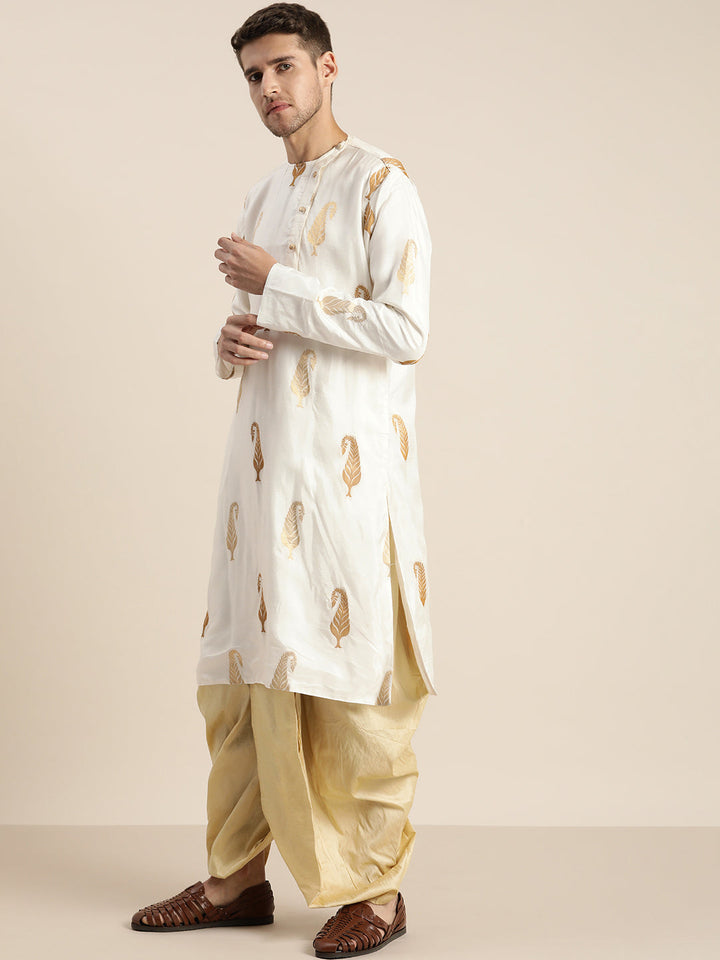 Vastramay Men's White Golden Weaved Silk Blend Kurta With Gold Dhoti Set