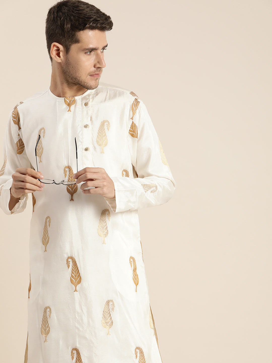 Vastramay Men's White Golden Weaved Silk Blend Kurta With Gold Dhoti Set