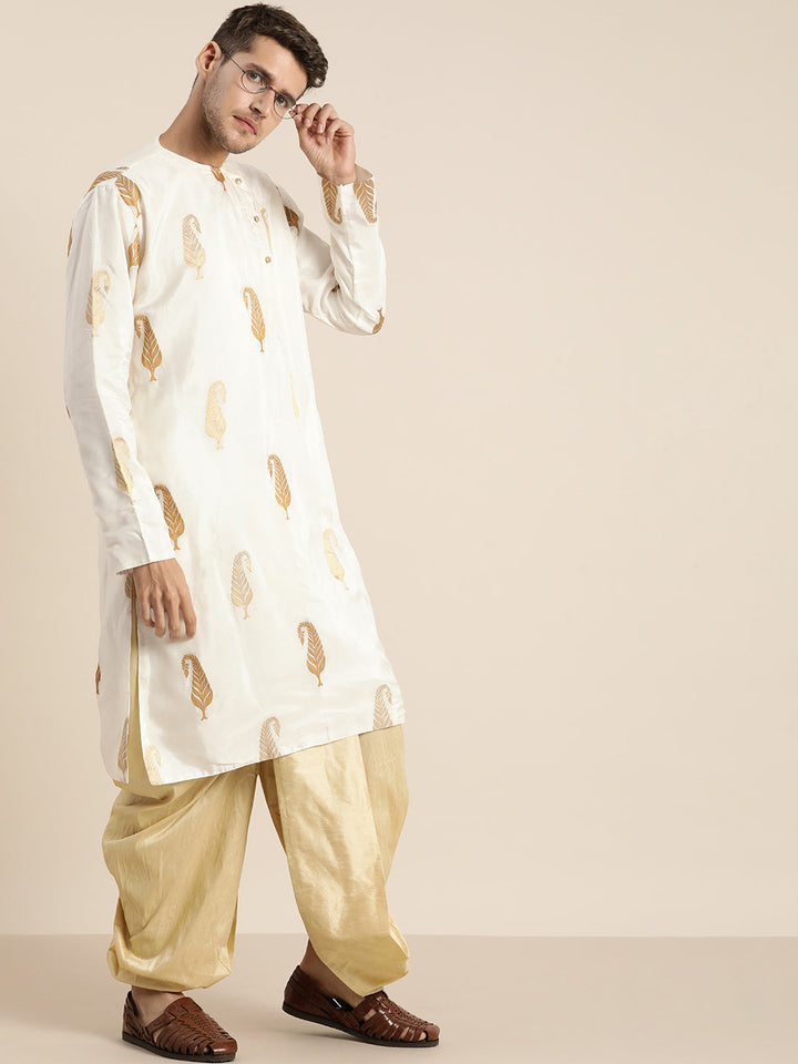 Vastramay Men's White Golden Weaved Silk Blend Kurta With Gold Dhoti Set