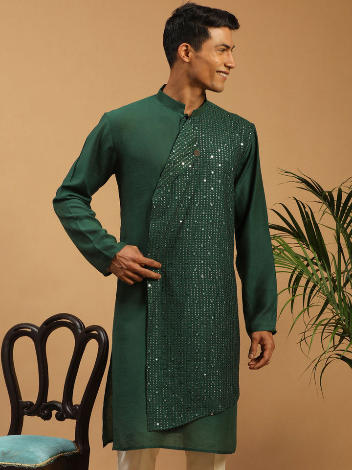 VASTRAMAY Men's Green Sequined Layered Kurta with intricate sequin detailing and a layered design for a stylish and unique look