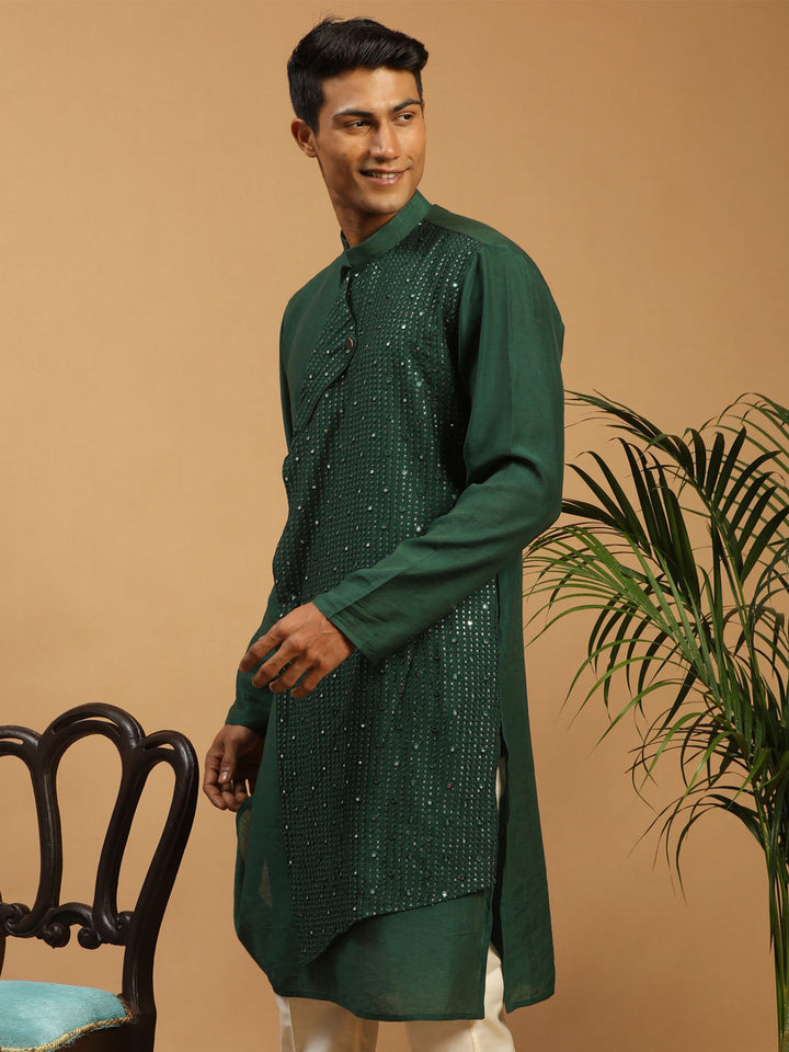 VASTRAMAY Men's Green Sequined Layered Kurta with intricate sequin detailing and elegant layered design