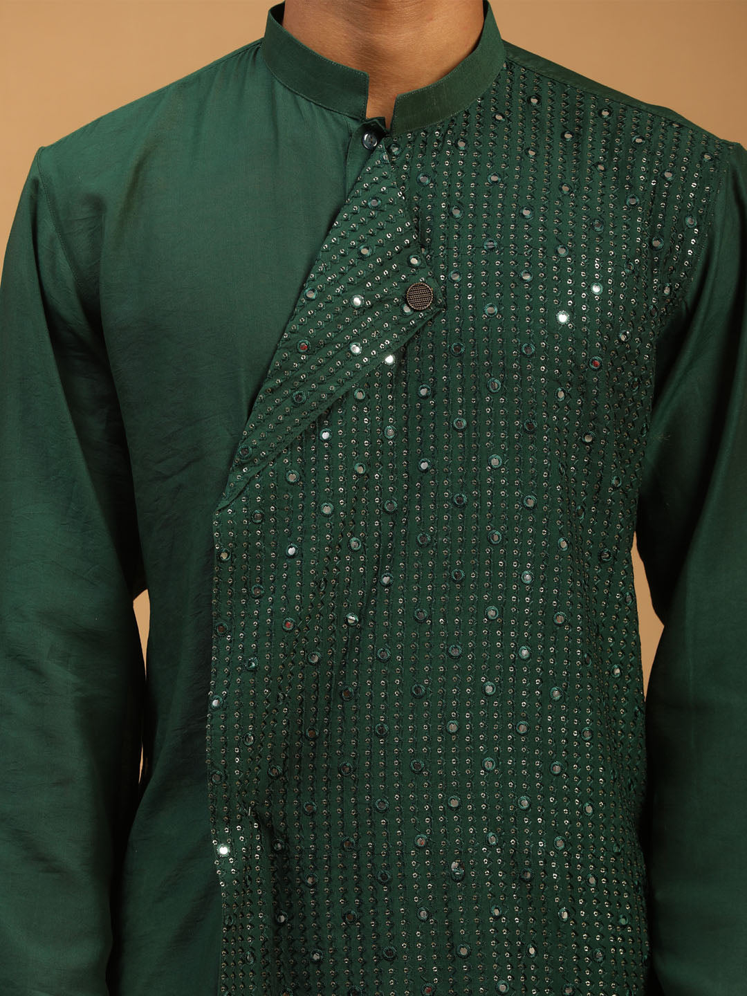 VASTRAMAY Men's Green Sequined Layered Kurta