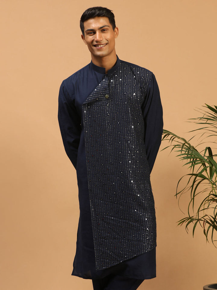 VASTRAMAY Men's Navy Blue Sequined Layered Kurta