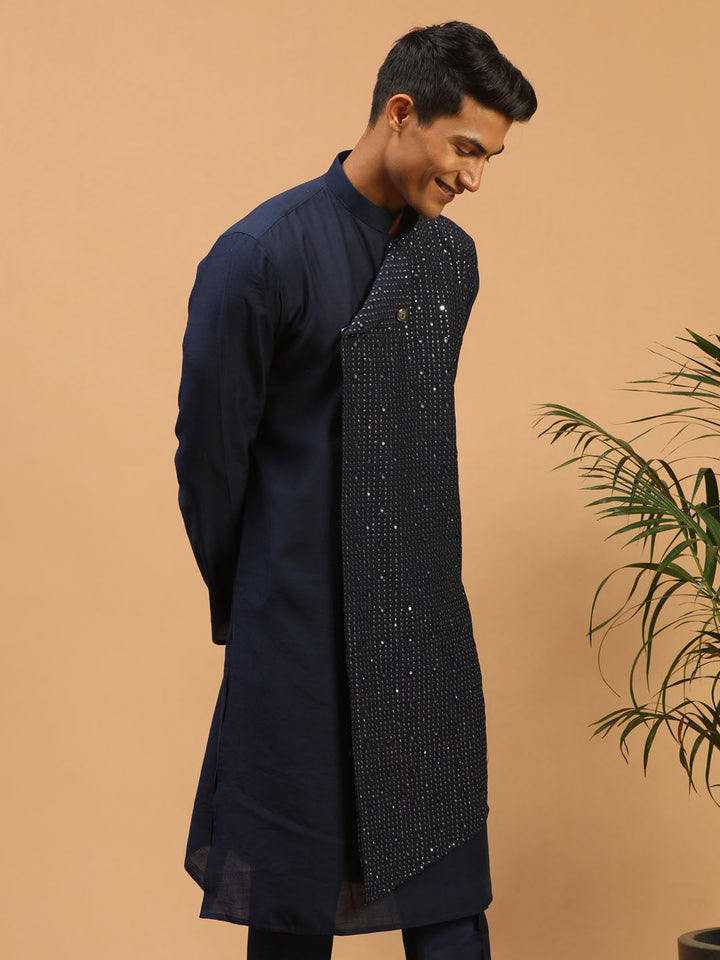 VASTRAMAY Men's Navy Blue Sequined Layered Kurta