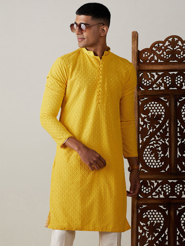 SHRESTHA By VASTRAMAY Men's Yellow Embroidery Worked Georgette Kurta