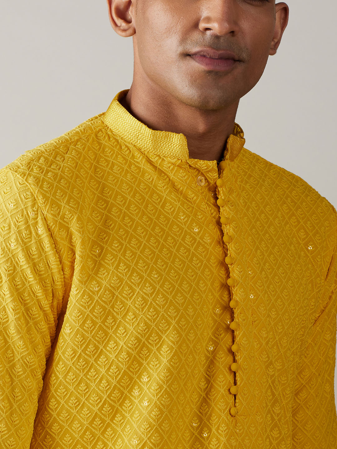 SHRESTHA By VASTRAMAY Men's Yellow Embroidery Worked Georgette Kurta