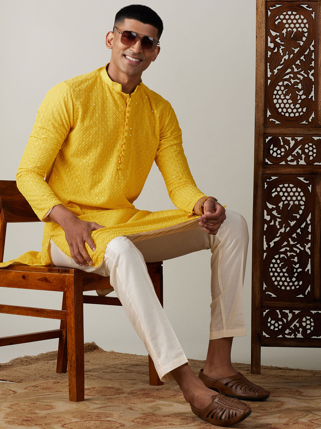 SHRESTHA By VASTRAMAY Men's Yellow Embroidery Worked Georgette Kurta