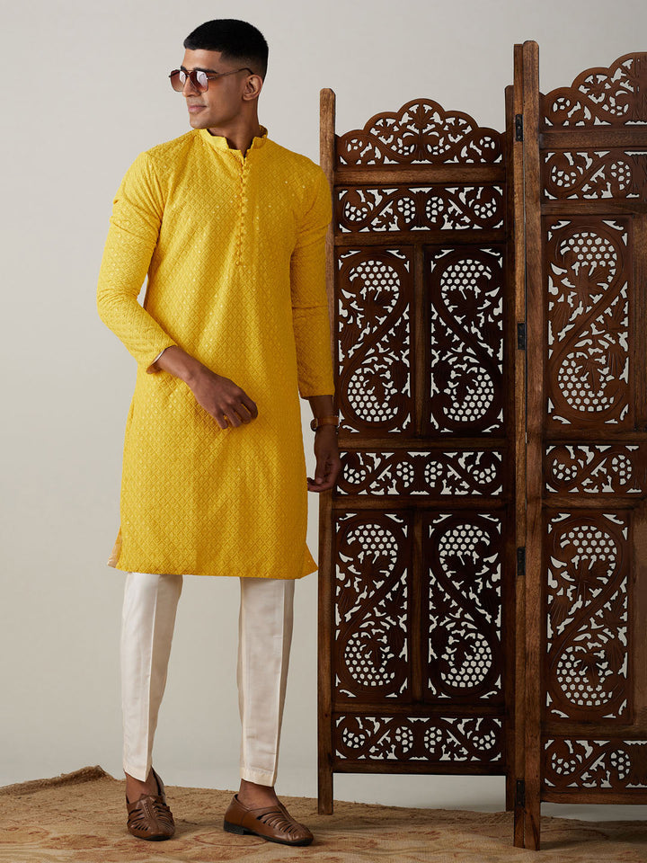 Vastramay Men's Yellow Embroidery Worked Georgette Kurta With Pant Style Pyjama Set