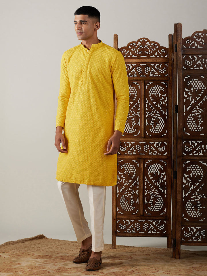 Vastramay Men's Yellow Embroidery Worked Georgette Kurta With Pant Style Pyjama Set