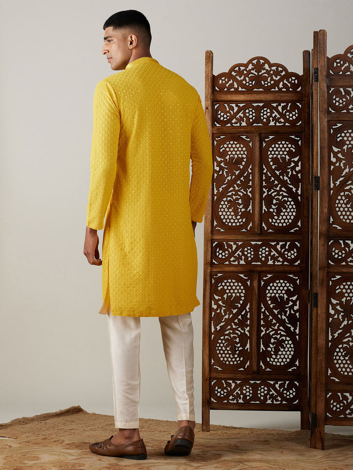 Vastramay Men's Yellow Embroidery Worked Georgette Kurta With Pant Style Pyjama Set