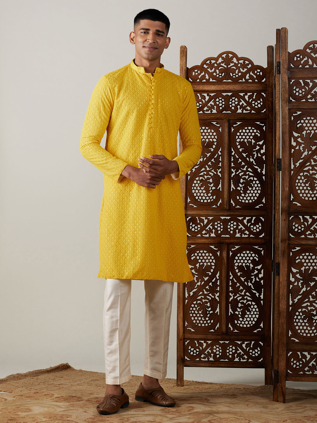 Vastramay Men's Yellow Embroidery Worked Georgette Kurta With Pant Style Pyjama Set