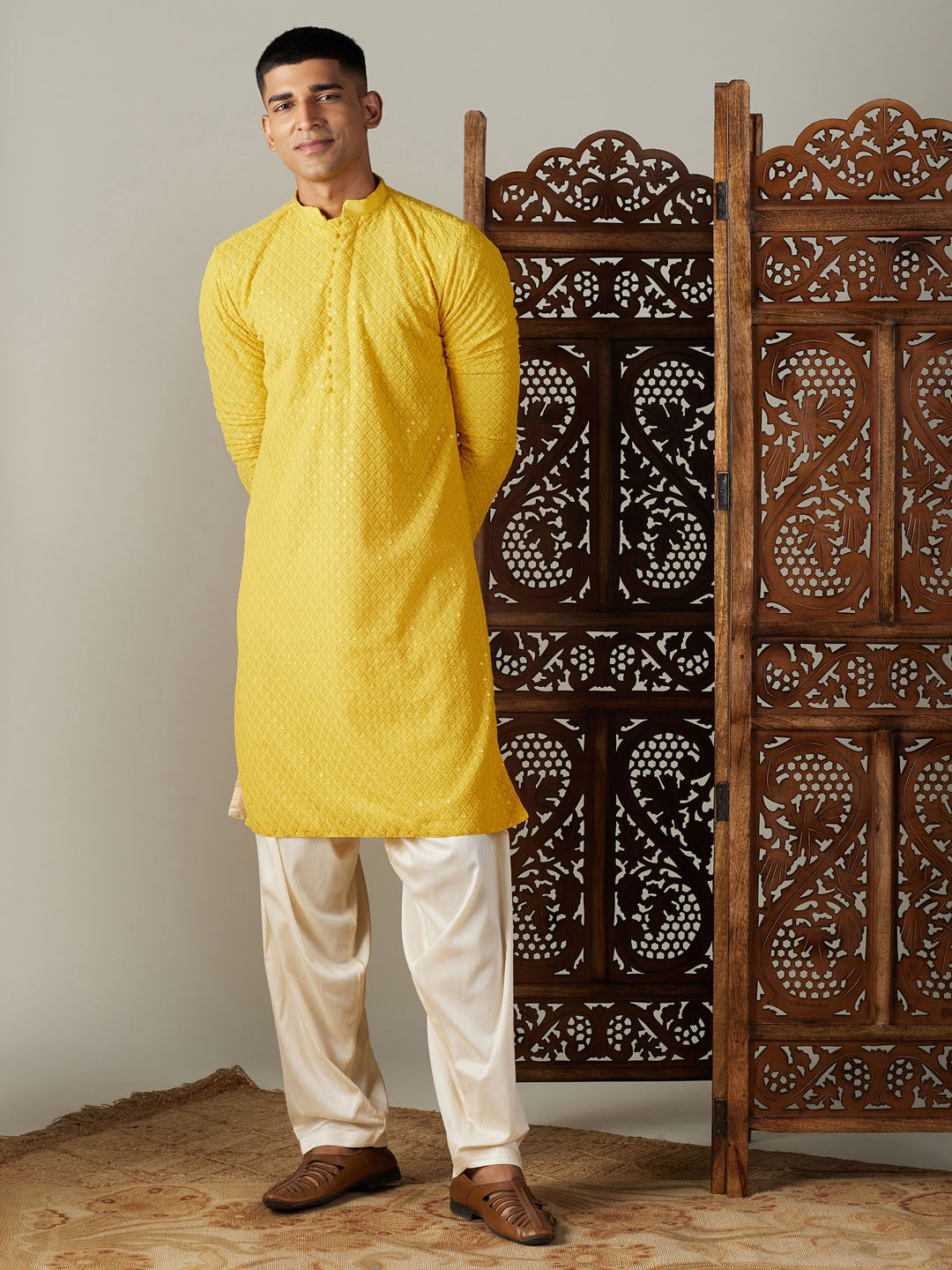 Vastramay Men's Yellow Embroidery Worked Georgette Kurta With Cream Patiala Set