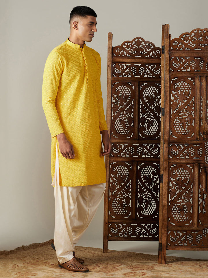 Vastramay Men's Yellow Embroidery Worked Georgette Kurta With Cream Patiala Set