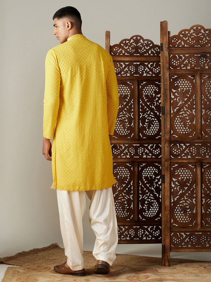 Vastramay Men's Yellow Embroidery Worked Georgette Kurta With Cream Patiala Set