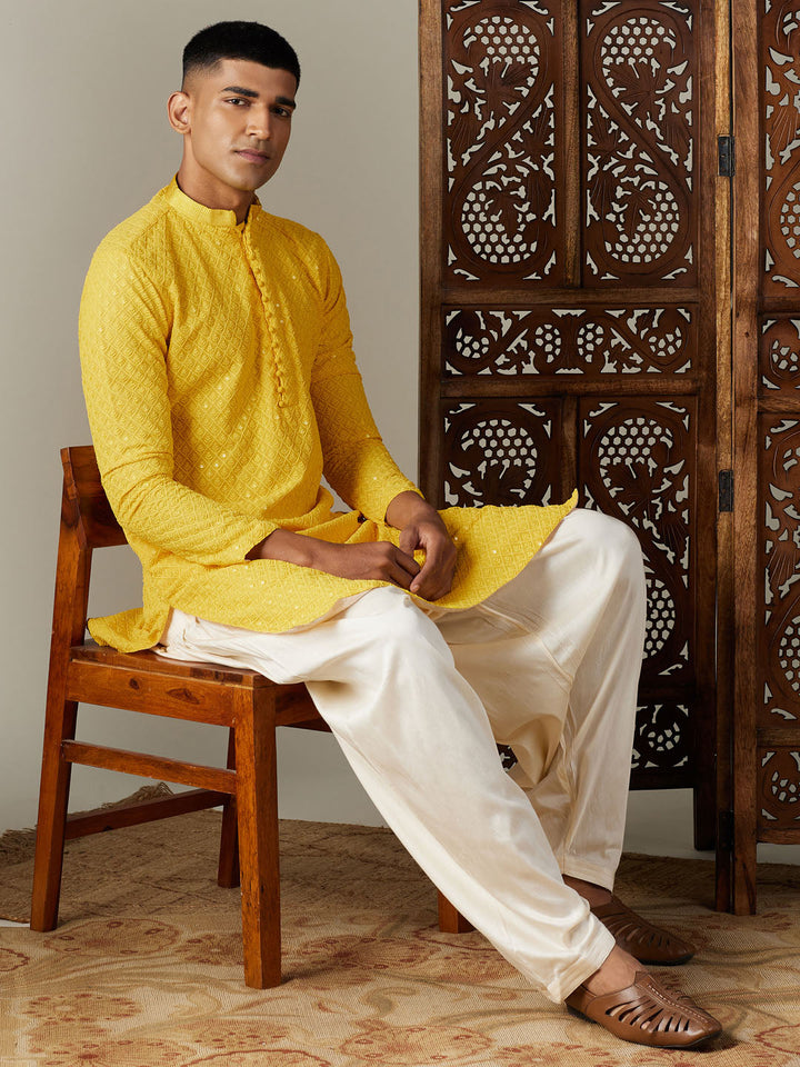 Vastramay Men's Yellow Embroidery Worked Georgette Kurta With Cream Patiala Set