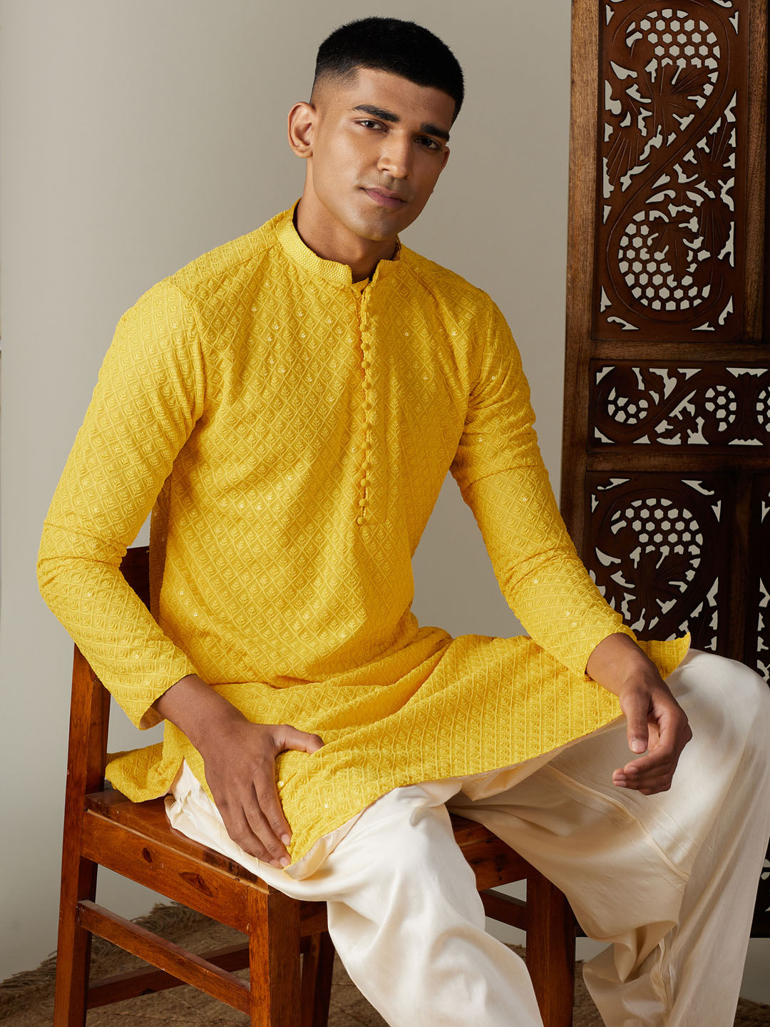 Vastramay Men's Yellow Embroidery Worked Georgette Kurta With Cream Patiala Set